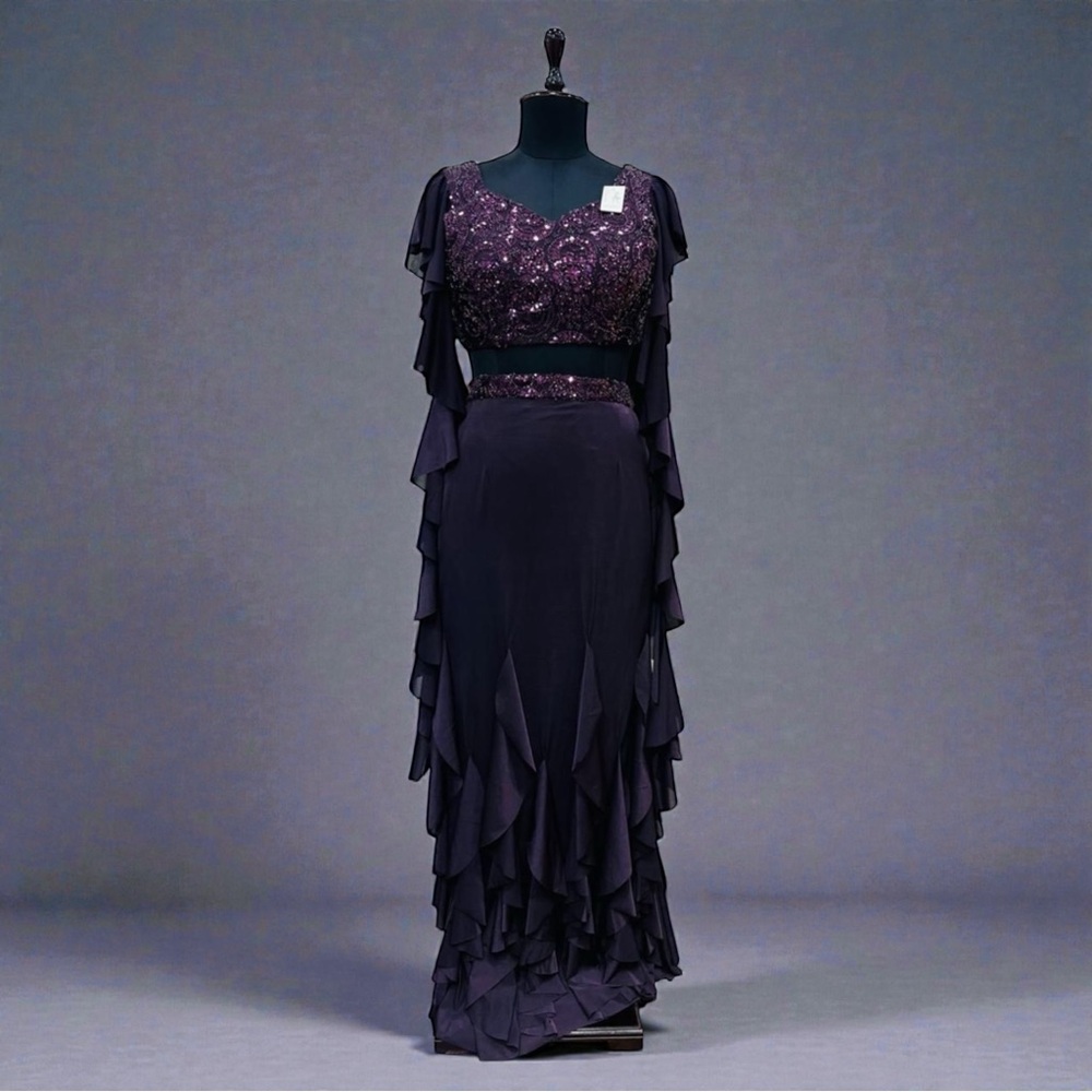 Elegant Purple Women's ruffled Skirt with crop top and ruffle sleeves